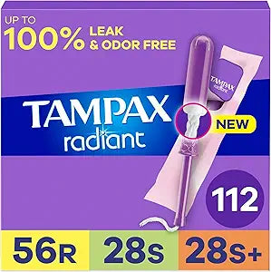 Tampax Radiant Plastic Tampons 112 Count Total, Pack of 4
