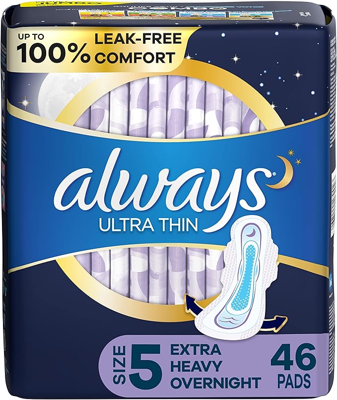 Always Ultra Thin Overnight Pads With Wings -Size 5 - 46 count