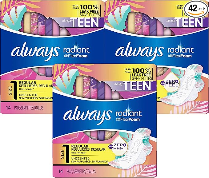 Always Radiant Teen Pads - Size 1 - 14 count - 3 pack