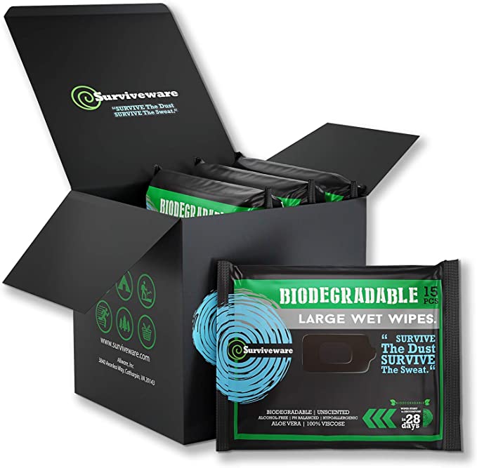 Surviveware Biodegradable Wet Wipes- 4 pack x 15 count